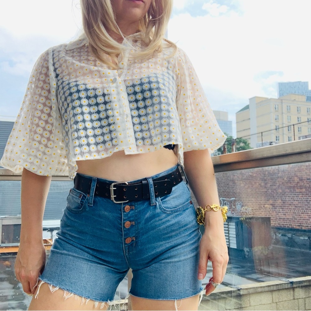 Zara Daisies Balloon Lantern 3/4 Sleeves Crop Top - Picture 6 of 16